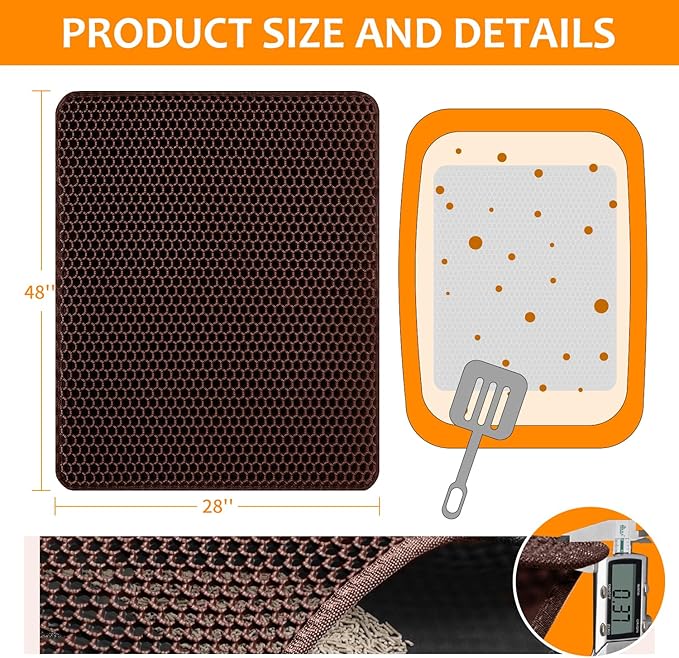 28"x48" Cat Litter Mat, EVA & Fabric Double Layer Design Waterproof Bottom Cat Litter Mat,Anti-slip Litter Box Mat,Easy To Catch Pet Litter,Easier To Clean,Washable,Soft on Paws,Large Capacity,Brown