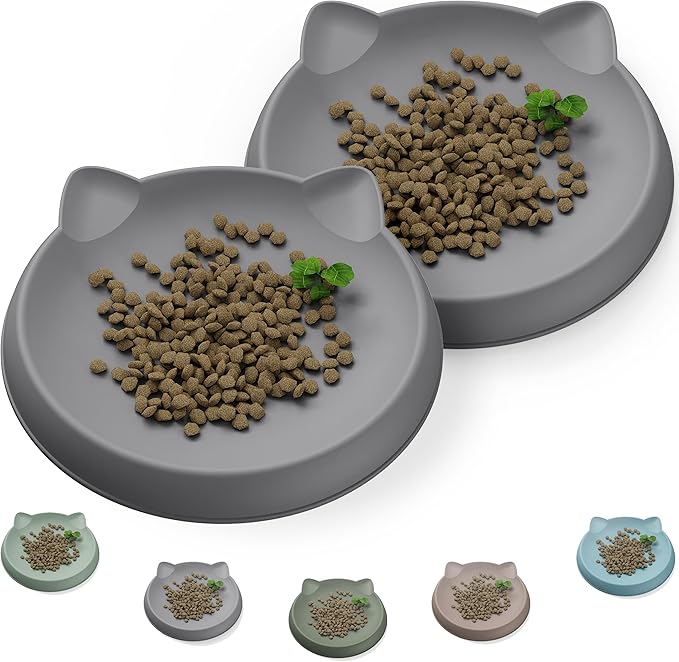 Cat Bowls for Indoor Gentle Small Kitten (2pcs, Soft Silicone) Shallow Wide Plates Feeder Whisker Fatigue Relief Cute Pet Kitty Food Water Dishes Set Anti Slip, Dishwasher Safe