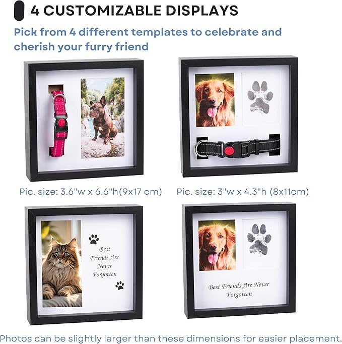 Dog Paw Print Kit for Dogs, Dog Picture Frame with Shatterproof Plexiglass, 4 Customizable Displays, 9”x9”, Pet Memorial Gift for Dogs, Loss of Pet Sympathy Gift, Pet Paw Print Impression Kit (Black)
