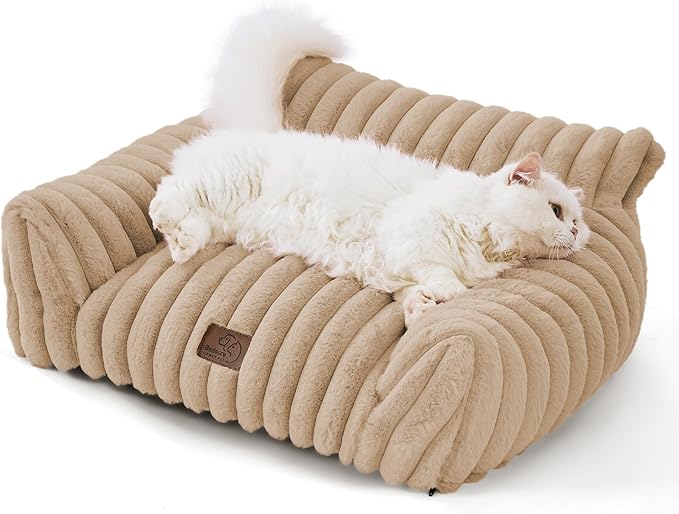 Bedsure ComfyFleece Cute Cat Couch for Pets - Fluffy Cat Sofa with Premium Soft Corduroy Fleece, Fuzzy Pet Couch Bed with Washable Cover, Supportive Pet Chair for Indoor Cats, 24inch, Sandy Beige