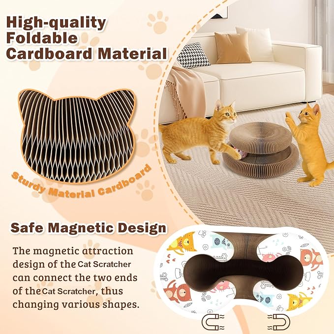 2PCS Interactive Cardboard Cat Toys,Cat Scratching Board with A Ball,Shape Shifting Accordion Cat Scratcher Toys with Different Shapes,Magic Kitten Scratcher Pads for Indoor