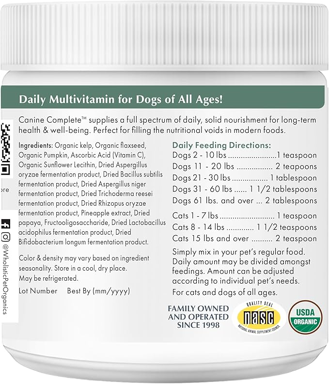 Wholistic Pet Organics Canine Complete - Dog Multivitamin Powder - 8 oz - Daily Dog Vitamins and Supplements for Homemade Food - Immune System, Skin, Coat & Overall Health - All Breeds - 22 Scoops