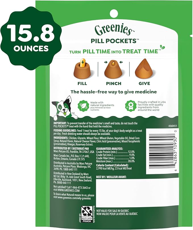 Greenies Pill Pockets for Dogs Large Size, Dog Treat Pouch for Capsule Medication, Cheese Flavor, 15.8 oz. Pouch
