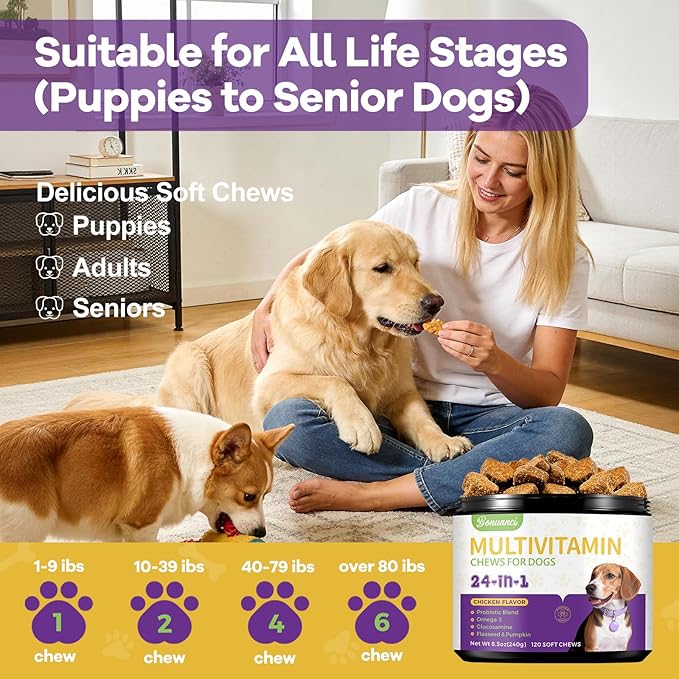 Dog Multivitamin Supplement for Dogs Vitamins Chewable Contain Glucosamine, Vitamin, Probiotics, Omega-3 for Puppy Supplies Skin Coat, Heart, Hips & Joints, Digestion & Immune System 120pcs