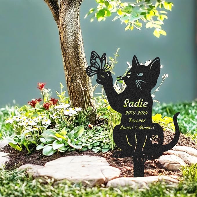 Personalized Custom Butterfly Cat Memorial Grave Marker Garden Stake Pet Loss Sympathy Gift Outdoors Memorial Plaque Metal Cats Yard Stake Garden Decor Sign Cemetery Decorations for Grave
