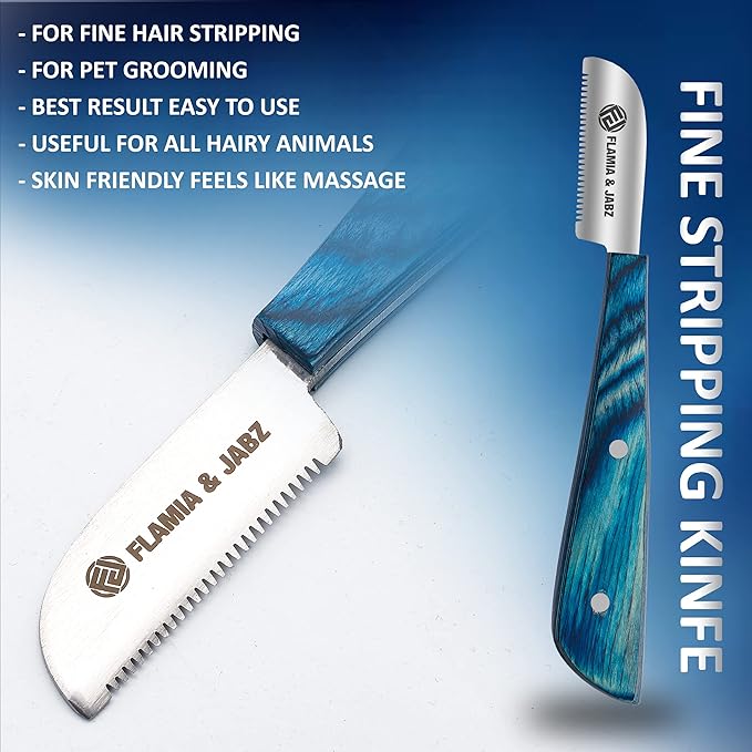 FLAMIA & JABZ FJ Professional Stripping Knife kit (6 pieces set) for Dogs & Pets, Wooden Handle Grip with Stainless Steel Blade (Right handed) (Blue)