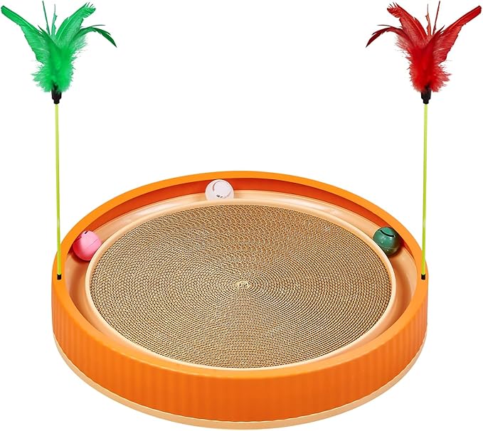 Extra-Large Round Cat Scratcher Bed with Ball Track – 3-in-1 Circular Cardboard Scratching Pad with Feather Toys – Interactive Cat Toy Round Track for Large Breeds Like Maine Coons (Orange)