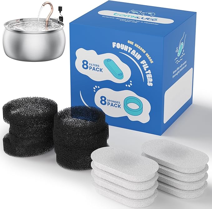 Official Cat Water Fountain Replacement Filters - 16 Pack Cat Fountain Filter for 3.2L/108oz & 4L/135oz Pet Water Fountain, Three-Layer Filtration Replacement Filters(8+8 Pack), 4 Month Set