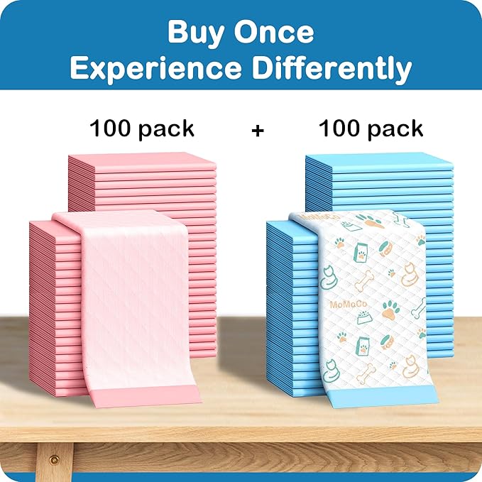 MoMoCo Puppy Pads 23″×23″ Disposable Dog Pee Pads Super Absorbent, Leak-Proof Puppy Training Potty Pads, 200-Count Value Pack (Pattern100 + Pink100)