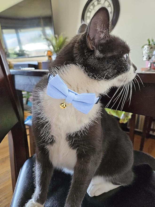 2 Pack Soft Corduroy Cat Collars with Bow Tie & Bell Adjustable Breakaway Bowtie Kitten Collar for Girl Boy Kittens(Blue & Pink)