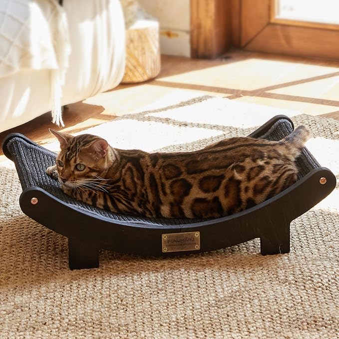 FUKUMARU Cat Scratcher Bed Sisal, 23.6 Inch Durable Scratching Bed for Indoor Cats, Large Cat Scratch Pad, 100% Natural Sisal Hammock, Solid Wood Frame Lounger Chair for Sleep & Scratch (Black)
