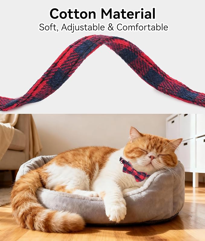 Joytale Upgraded Cat Collar with Bells, Breakaway Cat Collars with Bow Tie, 2 Pack Girl Boy Safety Plaid Kitten Collars, Green+Red