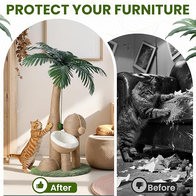 43 Inches Tall Cat Scratching Post for Large Cat, Coconut Tree Shaped Sisal Scratcher for Indoor Cat with Pompoms