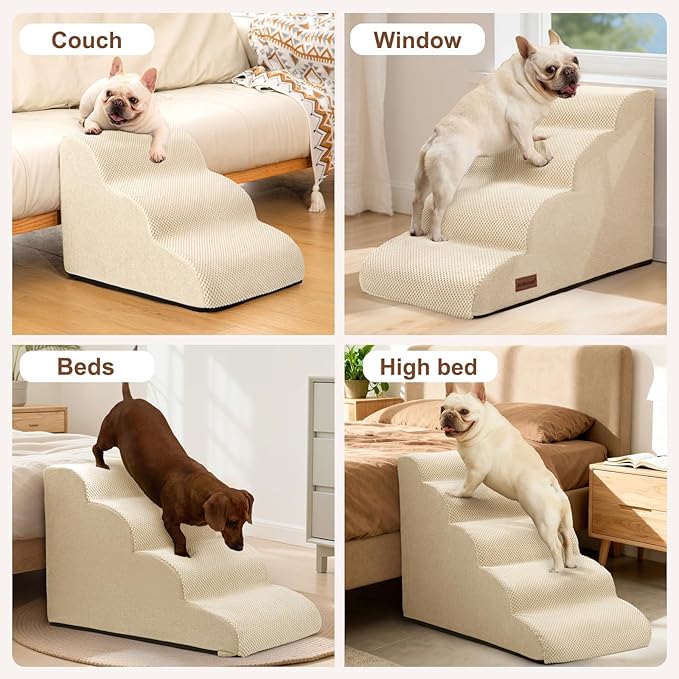 Dog Ramp and Stairs for Small Dogs & Cats,3-Step Pet Stairs for Couch Sofa and Chair,Indoor Anti-Slip Dog Stairs for Old Cats and Puppy,Beige