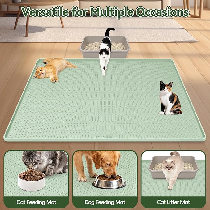 Kalolary Large Cat Litter Box Mat, 47" x 35" Silicone Litter Trapping Mat for Cats, Trapping Mat for Scatter Control with Raised Edge Waterproof Silicone Pad for Floor Easy to Clean (Light Green)