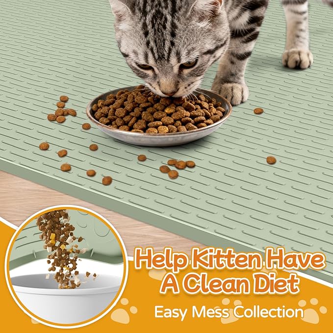 Lanstics Cat Food Mat, 40" x 28" Large Silicone Mat Cat Feeding Mat with Raised Edge Non-Slip Pet Feeding Mat for Food and Water Bowl, Easy to Clean, Floor Protection (Green)
