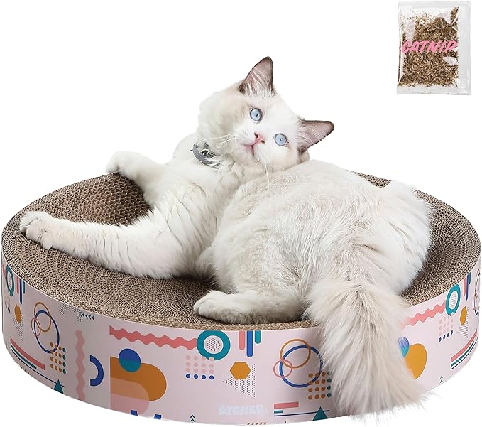 CSR1010A Nelson 20.13" Modern Cardboard Round Bowl Cat Scratcher with Catnip, Light Pink/Multi