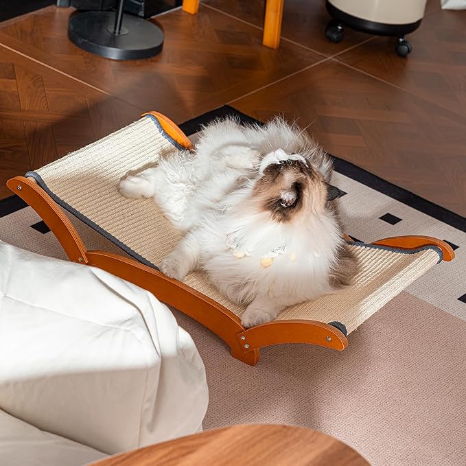 Sisal Cat Scratcher Bed for Indoor Large Cats Lounger & Sleep, Natural Durable Cat Scratching Hammock Pad Board, Solid Wooden Kitten Chair Furniture Easy Assembly