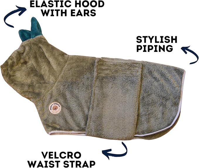 DERPYCHAPPY Premium Dog Towel Robe & Dog Bathrobe for Drying Dogs Made in Korea | Super Absorbent Quick & Adjustable Microfiber Bath Towel for Cats & Puppy Robes After Bath | Soft Warm Coat (Olive L)