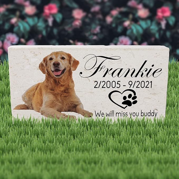 Custom Dog Memorial Stone, Personalized Pet Headstones for Dogs, Outdoor Pet Grave Markers with Photo Print and Text, Loss of Pet Sympathy Gift, 12”x 6”x1.25" Pet Grave Stone (A. Frankie Design)