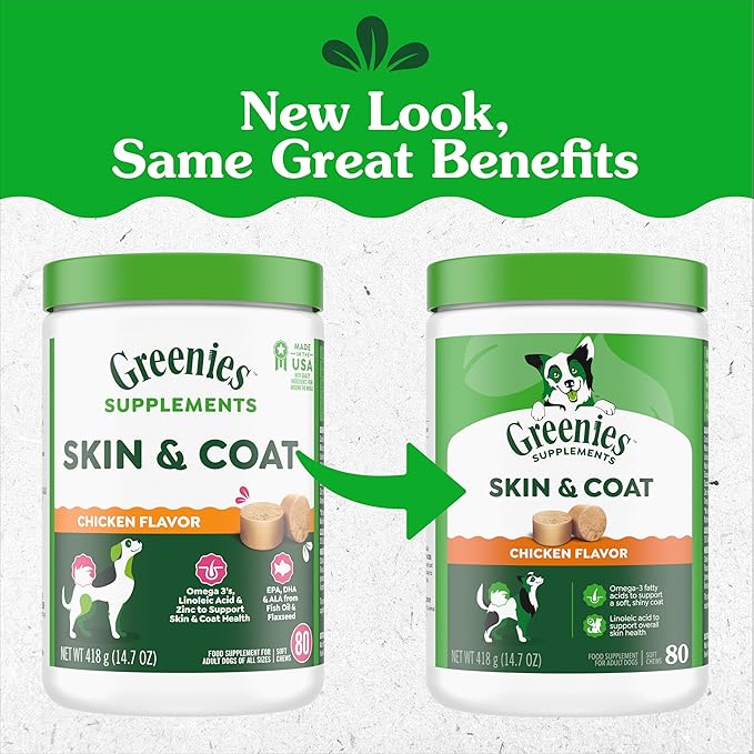 Greenies Supplements Dog Skin and Coat Supplements with Omega 3 Fatty Acids & Fish Oil for Dogs, Chicken Flavor, 14.7 oz, 80 Count