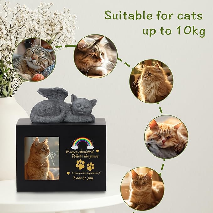 Cat Urns for Ashes, Rainbow Bridge Pattern Black Wooden Keepsake with Photo Frame, Pet Memory Box with Resin Cats Angel Statue and Sealed Storage Bags (Up to 10kg)
