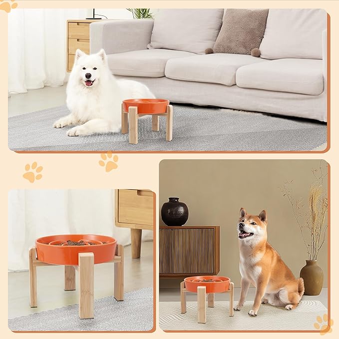 Elevated Slow Feeder Dog Bowl - Puzzle Maze Dish with Bamboo Stand - Raised Ceramic Food Bowl for Medium and Large Dogs - 8.8 Inch - Orange