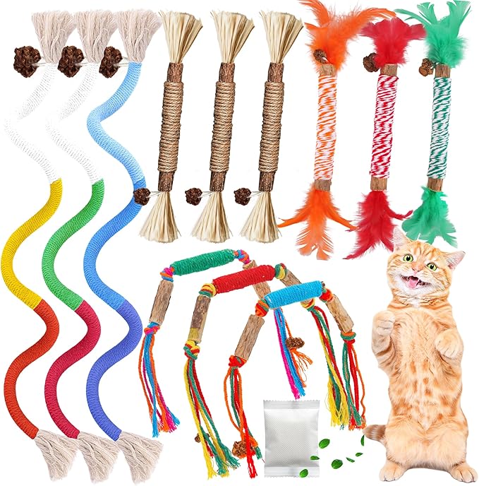 Silvervine Sticks for Cats & Cat Chew Rope Toy with Refillable Natural Catnip Bag for Teeth Cleaning, Interactive Cat Catnip Toys for Indoor Cats, Kitten Teething Toys for All Breeds (12Pcs)