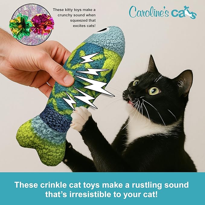 Caroline's Cats Refillable Catnip Pouch Cat Kicker Toys with Crinkle Sound Inside, Interactive Fish Toy for Cats, Plush Indoor Cat Nip Kitty Kick Sticks, Comfort Pillow for Kittens, 9.5 Inches
