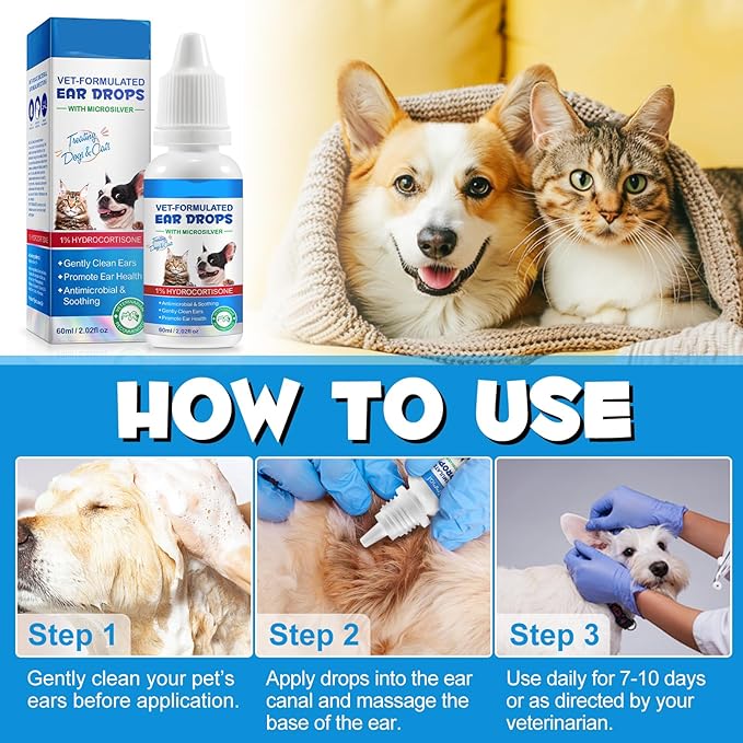 2 Pack Dog & Cat Ear Infection Treatment Drops, with 1% Hydrocortisone, Ear Yeast Infection Treatment for Dogs and Cats, Dog Ear Drops for Yeast Infection