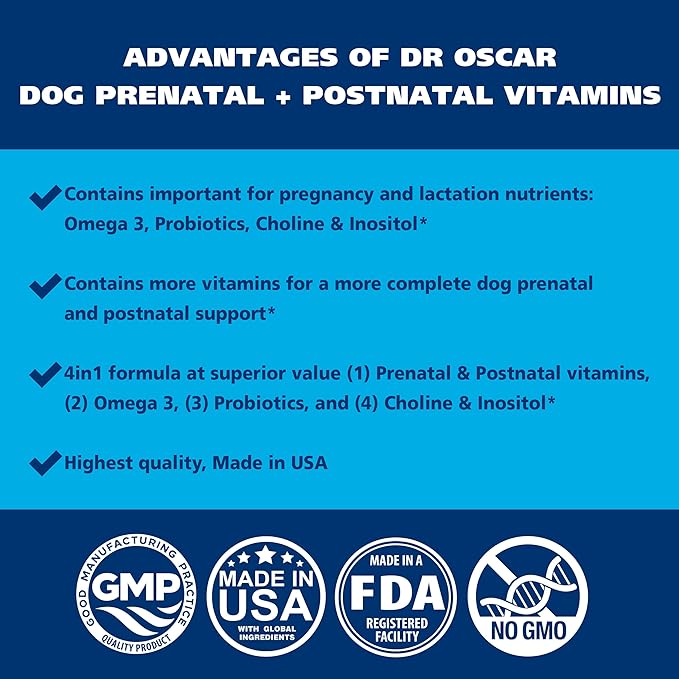 Dog Prenatal Vitamins. The Only 2in1 Prenatal & Postnatal Vitamins for Dogs with Folic Acid, Omega 3, Probiotics, Choline & Inositol, Key for Mother & Puppies, 90 Tablets