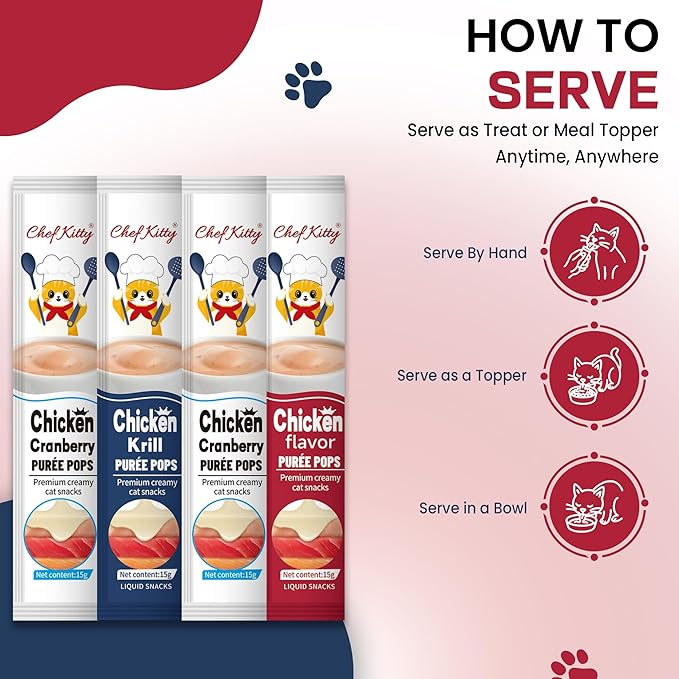 Purée Pops, Cat Treats, Grain-Free, Lickable, Squeezable Creamy Cat Treat/Topper with Vitamin E & Taurine, 0.5 Ounces Each Tube, 20 Tubes, Chicken Mix Variety