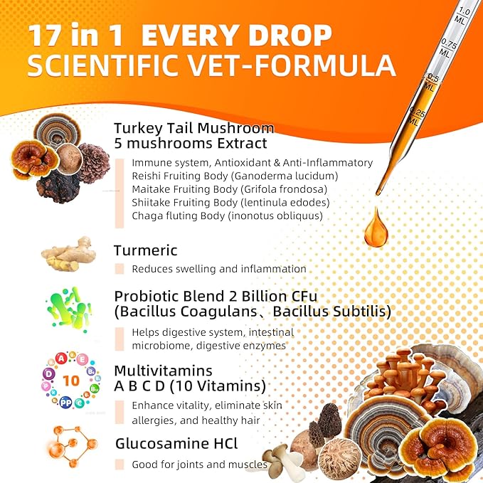 17 in 1 Turkey Tail Mushroom for Dogs - 3000mg High Potency Turkey Tail Extract for Dogs with Probiotics & 10 Vitamins - Shrink Fatty Tumors, Immune Support & Skin Lipoma Treatment 3.38FL.oz