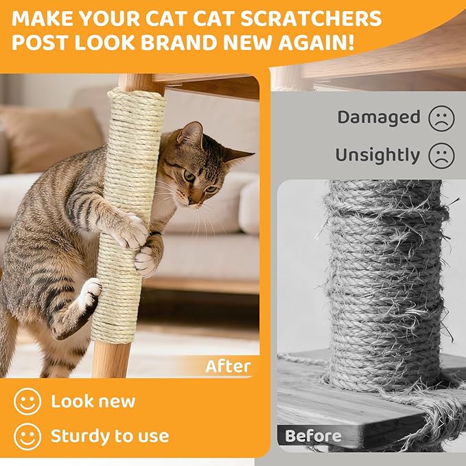 Natural Sisal Rope for Cat Scratcher Tree Thick 5-mm 1/5 Inch by 100 Feet, Cat Tower Climbing Twine for Cat Scratching Post Replacement, Scratch Post Repairing, Replace, Recovering and DIY, White