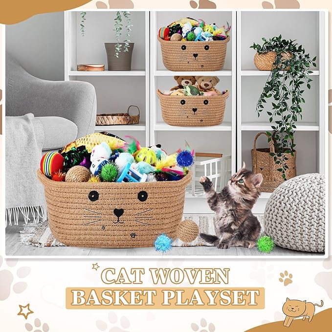 Zopeal 58 Pcs Valentine's Day Cat Storage Basket Gift Toys Set, Colorful Flashing Balls Pet Bell Crinkle Balls Spring Toys Attract Cat to Swat, Hunt, Interactive for Pet(Khaki,9.8 Inch)