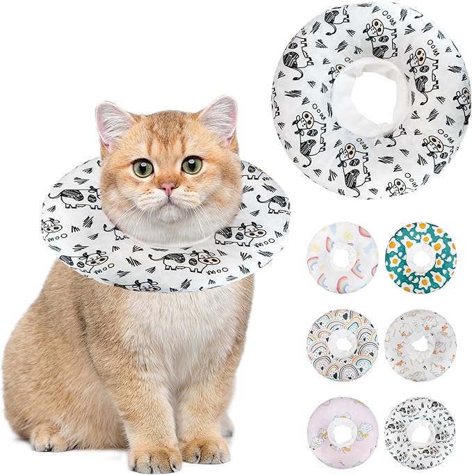 Soft Cat Cone Collar, Cute Cats Recovery Collar Suitable for Small, Medium, Large cat,Elizabethan Neck Collar for Cats After Surgery (Cow, Large)