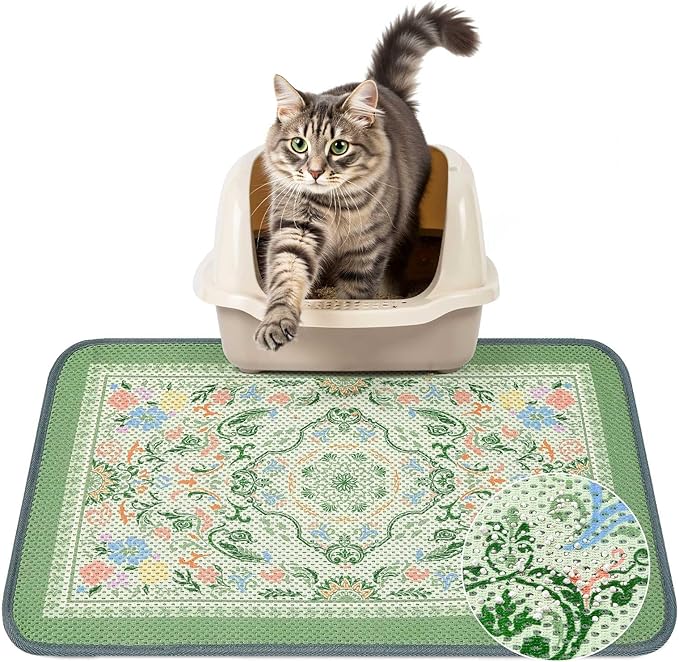 Unicorn Catcher 24X15in Cat Litter Mat Machine Washable Soft 3D Air Mesh Litter Box Rug Non-Slip Backing Quick Dry Scatter Control for Paws,Bean Green