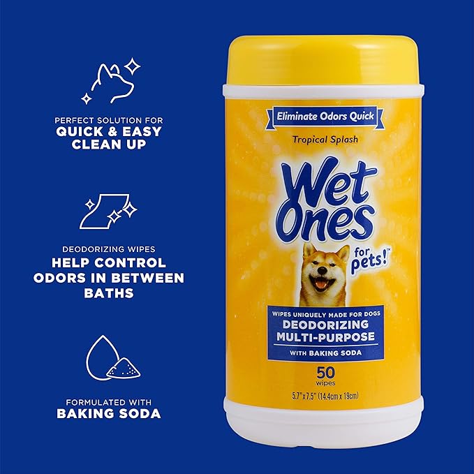 Wet Ones for Pets Deodorizing Multi-Purpose Dog Wipes with Baking Soda, 50 Count - 3 Pack| Dog Deodorizing Wipes for All Dogs in Tropical Splash Scent, Wipes for Deodorizing Dogs