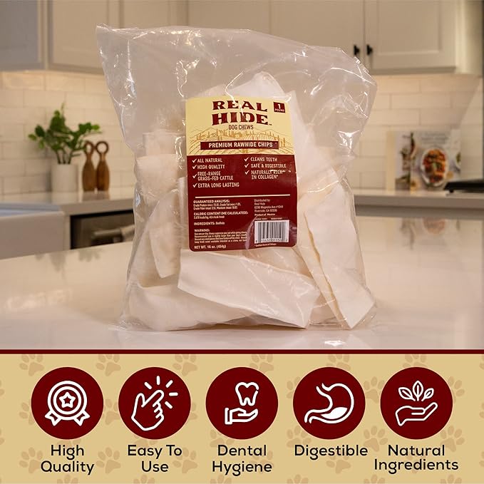 Dog Chew Treats, Rawhide Chips, Beef Hide | All Natural | 1 Pound Pack of 2 | Premium Quality | For Small/Medium/Large Dogs