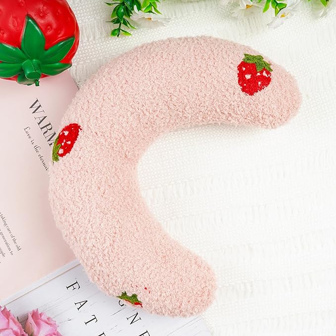Lystaii Cat Calming Pillow for Indoor Pets - Soft Fluffy Cat & Dog Bed - Dog Neck Pillow Pet Toy Half Donut Anxiety Relief with Cute Embroidery Pattern (Pink, Strawberry)