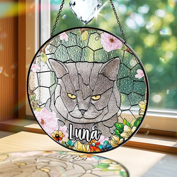 Personalized Pet Stained Glass Suncatcher Custom Name Dog Cat Photo Ornament Window Hanging Sympathy Gift for Loss of Pet Animal Memorial Bereavement Keepsake Remembrance Gift for Dog Lovers