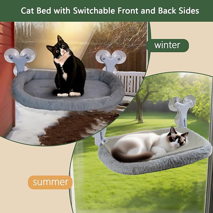 Cat Window Perch with 6 Strong Suction Cups,Mats That can be Switched Between Winter and Summer,Foldable Cordless Cat Beds Can Bear 50LBS Weight (Grey)