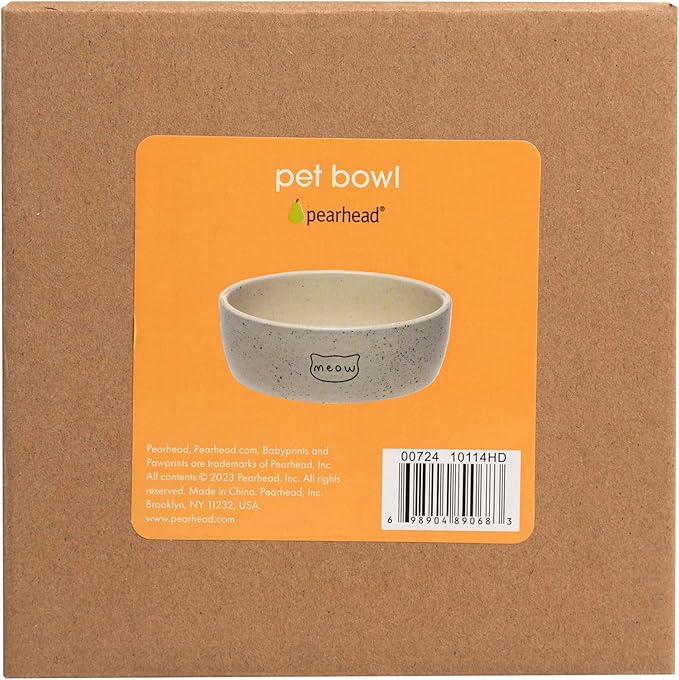 Pearhead Ceramic Meow Cat Bowl, Holds 12 oz, Whisker-Friendly Pet Dish for Food and Water, Modern Speckled White