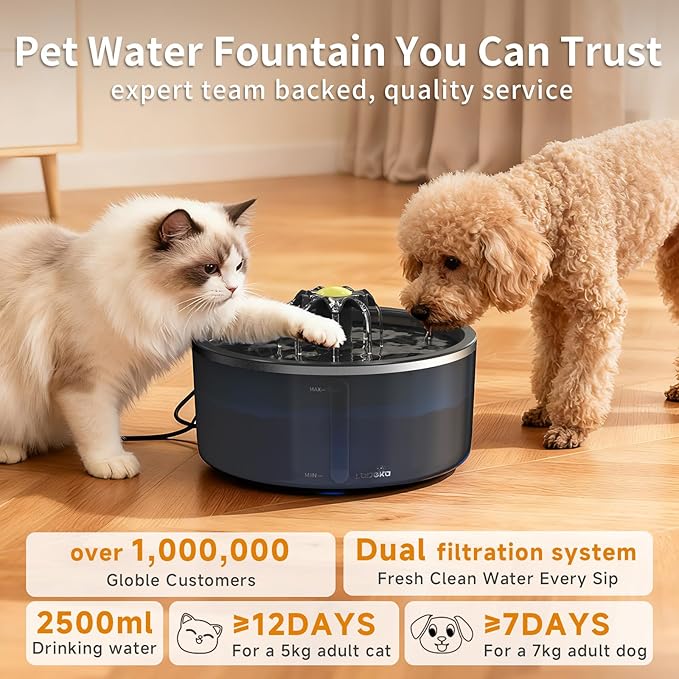 Cat Water Fountain with Dual Filtration System, 2.5L/84oz Pet Water Fountain for Cats Inside, Cat Fountain for Drinking with Ultra Quiet Pump(≤20dB)& LED Blue Light - for Pets Small Animals(8Filters)
