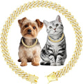 Luxury Cuban Link Dog Collar Gold Dog Chain Necklace with Diamond Rhinestones - 0.59 Inch Width Metal Pet Collar Jewelry for Small Medium Large Dogs & Cats (10 inch)