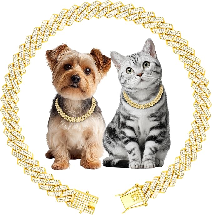 Luxury Cuban Link Dog Collar Gold Dog Chain Necklace with Diamond Rhinestones - 0.59 Inch Width Metal Pet Collar Jewelry for Small Medium Large Dogs & Cats (10 inch)