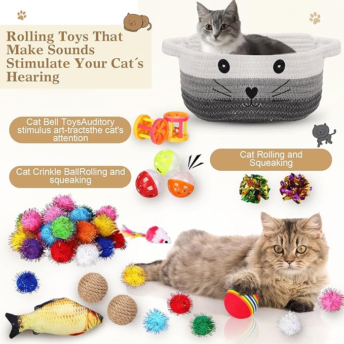 Zopeal 58 Pcs Valentine's Day Cat Storage Basket Gift Toys Set, Colorful Flashing Balls Pet Bell Crinkle Balls Spring Toys Attract Cat to Swat, Hunt, Interactive for Pet(Multicolor,9.8 Inch)
