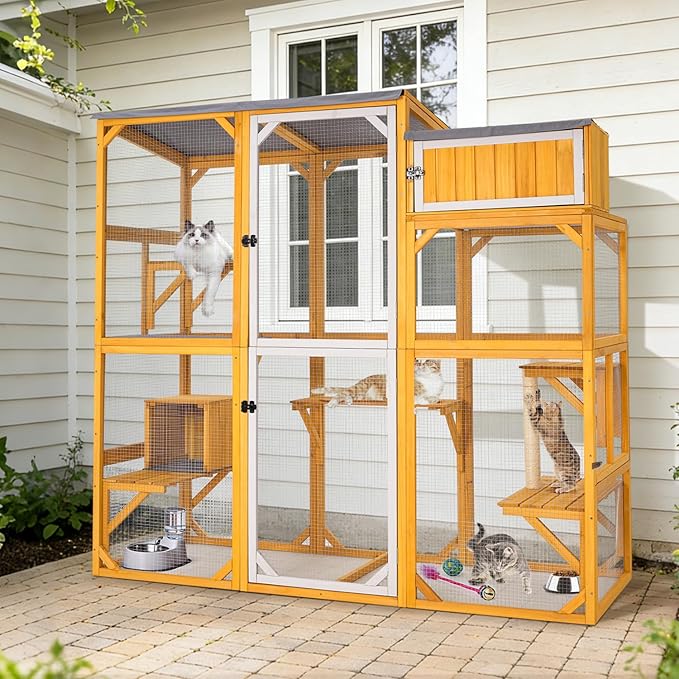 Wooden Outdoor Catio Enclosure for Pets with Scratching Post, Multi-Level Perches & Hideaways, Weatherproof Indoor/Outdoor Cat House with Roof, 5 Platforms & Resting Den, UV-Resistant (Yellow)
