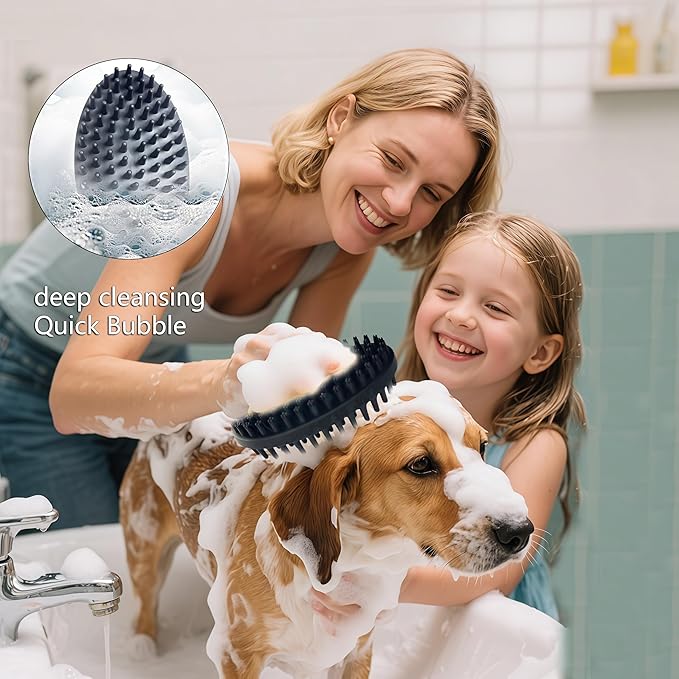 ROPO Double Sided Dog Bath Brush, Pet Grooming Tool with Long and Plum Blossom Teeth, Deep Cleaning and Massage (Blue+Black)