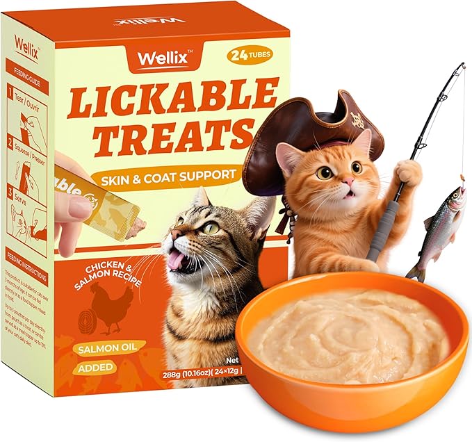 Wellix Lickable Cat Treat for Indoor Cats - Salmon Oil & Chicken Flavor Kitten Snacks for Training - Squeezable Cat Treats for Healthy Skin & Coat - 24 Tube Treats for Cats